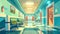 A modern cartoon illustration of a waiting hallway in a hospital with chairs, doors to the wards, a water cooler, and an