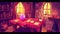 In this modern cartoon interior of magician's room, we see a fortune teller with a magic ball and tarot cards on a