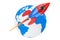 Modern Cartoon Rocket Moving Around the Earth Globe. 3d Rendering