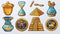 Modern cartoon set of Egyptian gold coins, pharaohs' tombs, amulets, and hourglass symbols, isolated on yellow