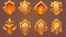 Modern cartoon set of empty achievement emblems with decorative golden borders and different shapes with golden avatar