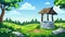 Modern cartoon summer landscape with old stone well with wooden roof, pulley and bucket. Basin for water source or