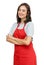 Modern caucasian waitress with red apron