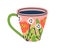 Modern ceramic coffee cup. Tea mug with floral pattern and handle. Drink crockery with americano in doodle style