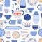 Modern ceramics flat vector seamless pattern. Handmade dinnerware background. Decorative tableware and utensils backdrop