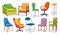 Modern chair furniture collection. Comfortable furniture for apartment interior or office. Colorful cartoon chairs set isolated on