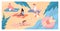 Modern character people travel hot country seashore, male female sunbathers sand beach flat vector illustration