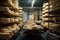 Modern cheese aging room with large stacks of cheese wheels on shelves, illuminated by artificial light. The atmosphere