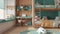 Modern children wooden bedroom with bunk bed in turquoise pastel tones, parquet floor, big window with bench and blinds, desk,
