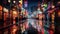 Modern Chinese city nights: Neon-lit vibrant cityscape, empty streets, red lights of advertising, shops, and restaurants. Blurred