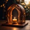 A modern Christmas arrangement with a wooden arch, candle and pine trees. With Christmas lights.