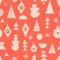 Modern Christmas background red. Seamless Vector pattern with festive abstract geometric shapes, Christmas trees, ornaments,