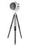 Modern chrome floor lamp with three black wooden legs, isolated
