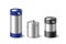 Modern chrome metal beverage barrels with plastic cap set. Blank tall steel keg for transportation