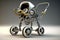 Modern chromed metal baby stroller, on a futuristic background. AI generated