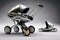 Modern chromed metal baby stroller, on a futuristic background. AI generated