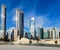 Modern city architecture and famous skyscrapers of Abu Dhabi skyline with beautiful clouds, World Trade Center, UAE