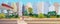 Modern city crossroad cartoon landscape vector illustration background concept