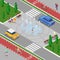 Modern City Isometric Concept. City Fountain with Children. Bicycle Path with Riding People.