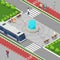 Modern City Isometric Concept. City Fountain with Children. Bicycle Path with Riding People.