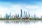 Modern city landscape with skyscrapers and lake illustration. CBD skyline full city view and tall financial buildings in Beijing,