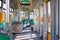 Modern city tram interior on sunny day