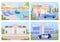 Modern city view and poolside flat color vector illustrations set