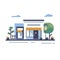 Modern cityscape gas station vector illustration, featuring fuel pumps, convenience store