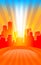 Modern cityscape on retro sunburst pattern with stage and spot o