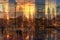 A modern cityscape at sunset. People walking, reflected in a set of windows. Generative AI