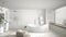 Modern classic bathroom with big round carpet, large panoramic w