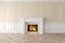 Modern classic beige interior with fireplace, wall panels, wooden floor.