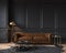 Modern classic black interior with capitone brown leather chester sofa, floor lamp,