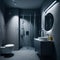 Modern Classic Clean Interior Bathroom Cold Colors And Lights, Ceramic Sink, Toilette, Big Mirror generative Ai