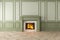 Modern classic green interior with fireplace, wall panels, wooden floor.