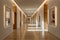 Modern classic hallway hospital with wooden doors illuminated by soft, warm lighting