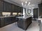 Modern classic kitchen design with black cabinets and white marble worktop and floor