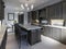 Modern classic kitchen design with black cabinets and white marble worktop and floor