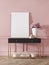 Modern classic pink interior with dresser, console, furniture, decor, flowers, gifts.