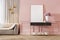 Modern classic pink interior with dresser, console, sofa, furniture, lamp, flower, gifts, frame, picture.