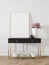 Modern classic white interior with dresser, console, furniture, decor, flowers, gifts.