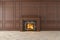 Modern classic wood interior with fireplace, wall panels, wooden floor.