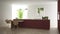 Modern clean contemporary red kitchen, island and wooden dining table with chairs, bamboo and potted plants, big window and