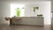 Modern clean contemporary white kitchen, island and wooden dining table with chairs, bamboo and potted plants, big window and