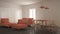 Modern clean living room with sliding door and dining table, sofa, pouf and chaise longue, minimal orange and gray interior