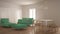 Modern clean living room with sliding door and dining table, sofa, pouf and chaise longue, minimal white and green interior