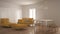 Modern clean living room with sliding door and dining table, sofa, pouf and chaise longue, minimal white and yellow interior desig