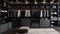 Modern closet with charcoal grey walls and black shelving, neatly organized clothes on display