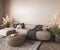 Modern coastal classic interior. Design livingroom with decorative carpet, wicker coffee table and dry grass. Mockup