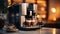 A modern coffee machine crafting two cups of espresso with a warm ambient light in the background enhancing the cozy